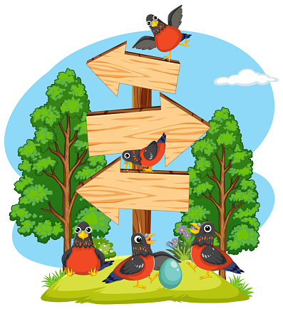 Illustration of birds perched on signposts among trees