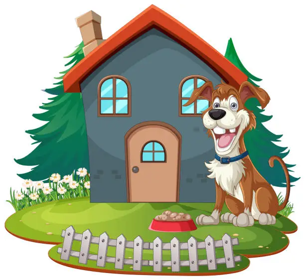 Vector illustration of Cheerful dog standing by a small suburban home.