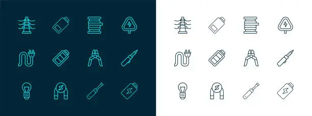 Vector illustration of Set line High voltage, Magnet, Pliers tool, Screwdriver, Battery charge, Wire electric cable on reel, Electric tower line and icon. Vector