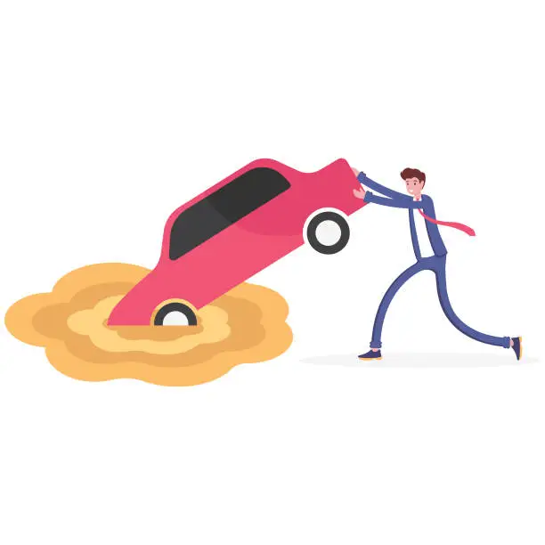 Vector illustration of Businessman try to keep car sinking in quicksand, vector illustration cartoon