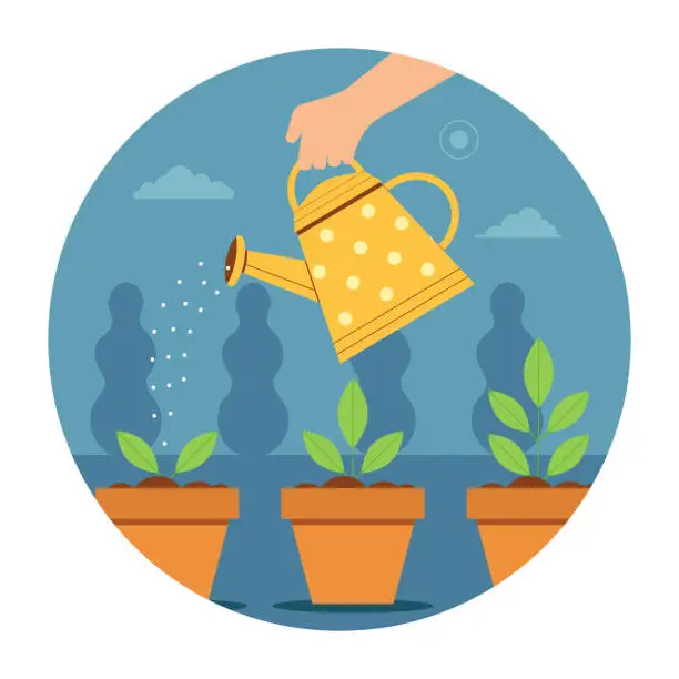 Vector illustration of Seedlings Growing Scene with Can Watering Plants