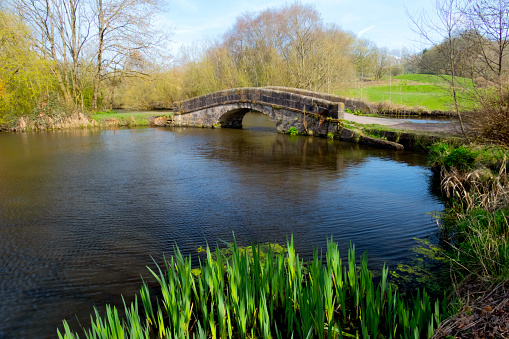 Old stone packhorse bridge over a pond on a canal towpath in the north west of England, UK.