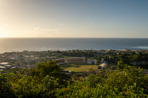 Roseau, Dominica - 28th February 2024: Looking down on the Windsor Park Sports Stadium in Roseau, Dominica