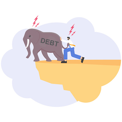 Strong businessman throwing away big elephant with words debt, vector illustration cartoon