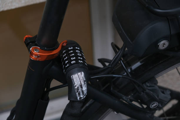 Close-up shot of black Spiral Cable Lock Bike With PIN combination for security anti theft