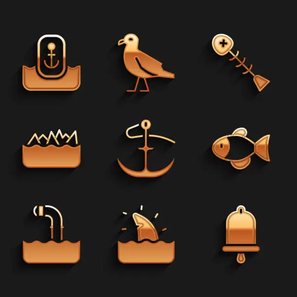 Vector illustration of Set Anchor, Shark fin in ocean wave, Ship bell, Fish, Periscope, Sharp stone reefs, Dead fish and Location with anchor icon. Vector