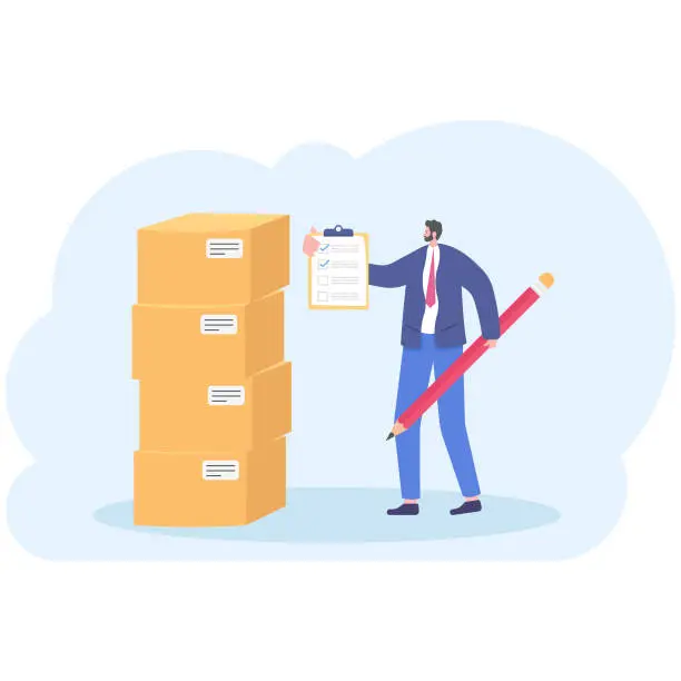 Vector illustration of Man in a suit, businessman, manager or logistics stands near boxes. Vector, illustration, flat