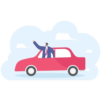 Businessman driving the car and waving to someone. Saying hello. Vector, illustration, flat