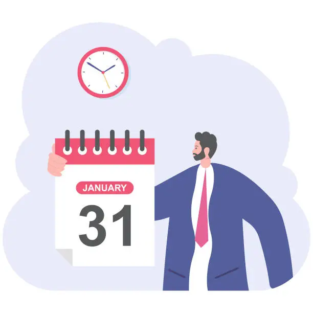 Vector illustration of Businessman or manager hold a calendar on his hand. 31 of December,