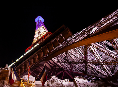 Las Vegas, Nevada, USA - November 7th, 2023: Eiffel Tower replica in Las Vegas taken  from below