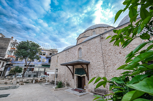 The door and courtyard of the mosque were taken with a wide angle lens.