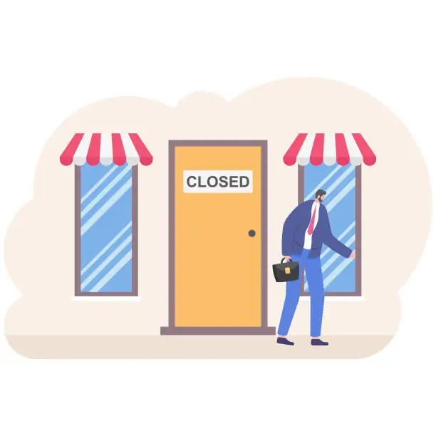 Vector illustration of Businessman has become bankrupt and closed the business. Sign ?losed on the front door. Vector, illustration, flat