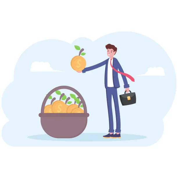 Vector illustration of Happy businessman get a profit, dividends. Return on investments as golden apples in basket. Vector, illustration, flat