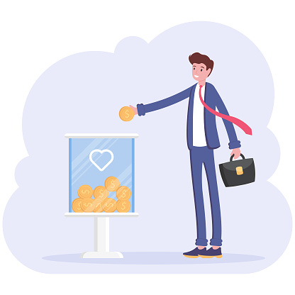Businessman making a donation, putting money in donation box. Donation and charity concept. Vector, Illustration, flat.