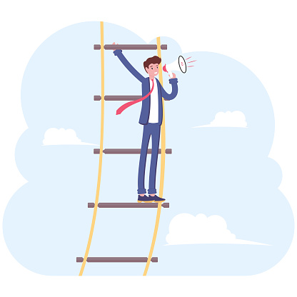 Businessman stand s on rope ladder and speak through a loudspeaker. Vector, illustration, flat