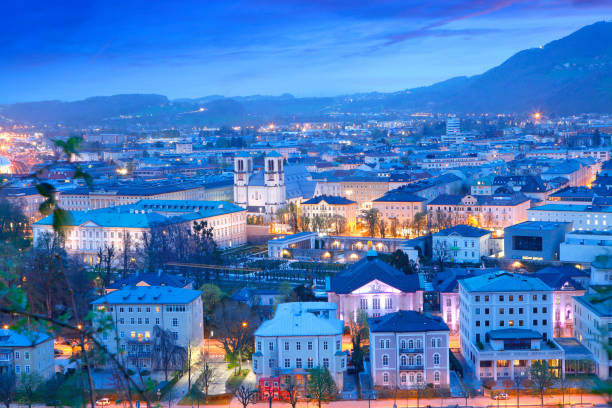 Aerial view  of Salzburg town by twilight