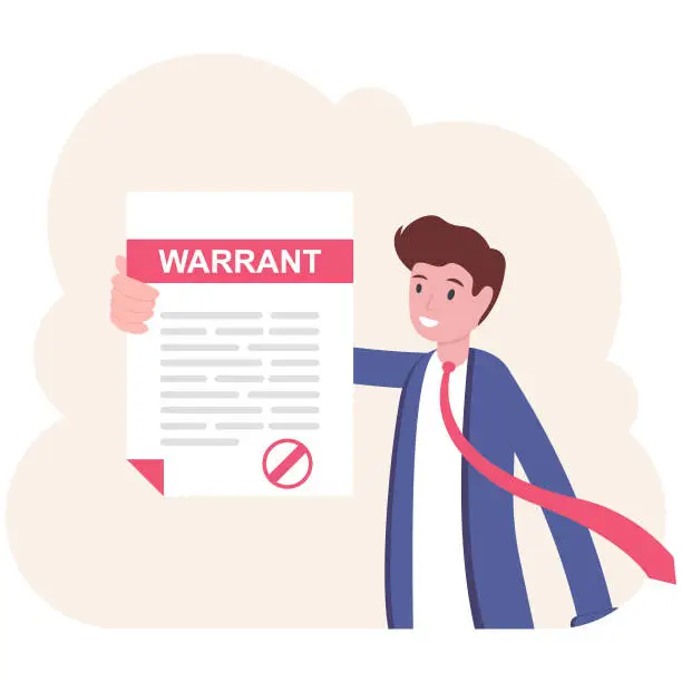 Vector illustration of Man in suit, lawyer shows a document, warrant. Vector, flat, illustration