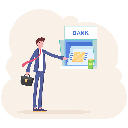 Businessman withdrawing money from ATM . Business man in the suit stands near ATM and take cash money in his briefcase. Vector, illustration, flat