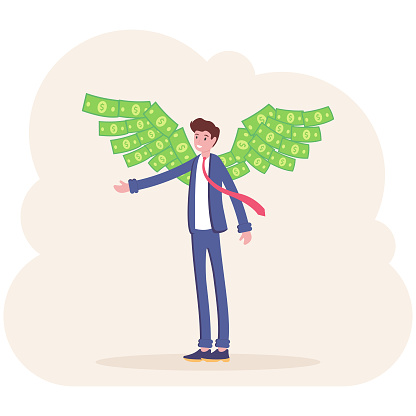 Businessman or manager. A man in a suit with wings made of money behind his back. Illustration, vector, EPS10