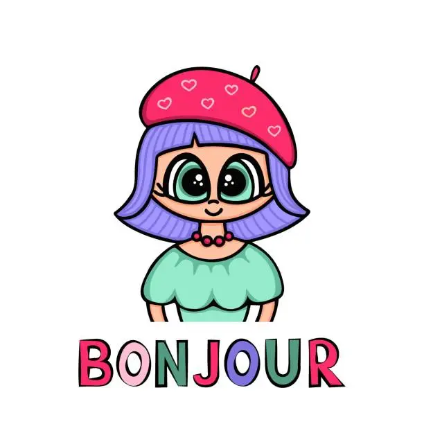 Vector illustration of girl with biret and bonjour