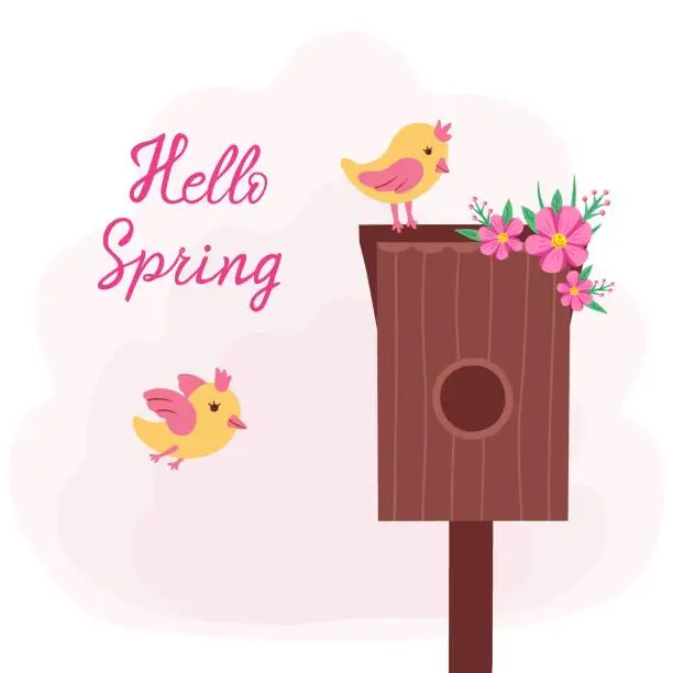 Vector illustration of hello spring, birdhouse with birds