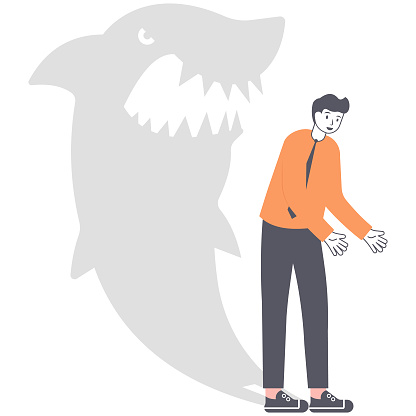 Businessman, boss or manager. A shark business. The shadow of a man in the form of a huge shark. Illustration, vector EPS10.