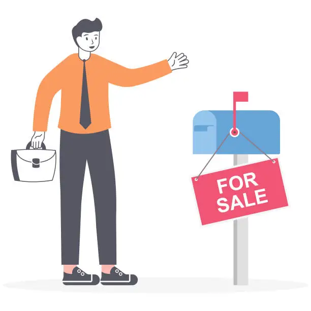 Vector illustration of Realtor or businessman is standing with a briefcase full of money near to a sign 