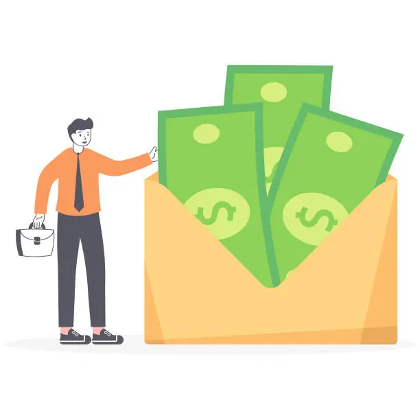 Vector illustration of Business man and woman stands near big envelope with money. Concept of a salary, bonus, payout, wages in the envelope. .Transfer money.