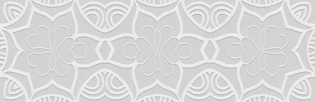 Vector illustration of Banner. Embossed geometric floral fantasy 3D pattern on a white background. Ornamental cover design, minimalist boho style, handmade. Ethnicity of the East, Asia, India, Mexico, Aztec.