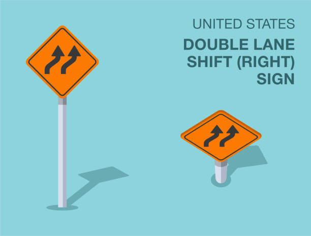 regeln der verkehrsregelung. isoliertes us-schild "double lan shift to right". frontal- und draufsicht. vorlage für vektorillustrationen. - two lane highway stock-grafiken, -clipart, -cartoons und -symbole