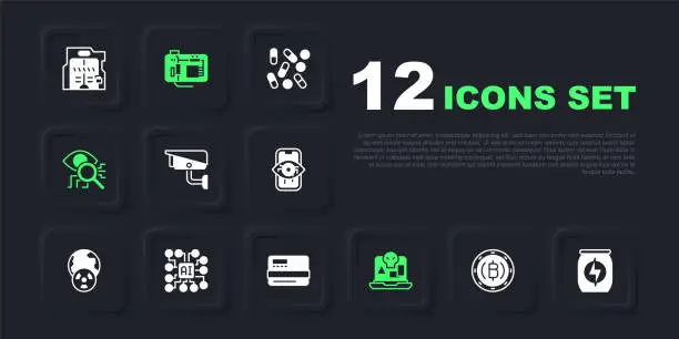 Vector illustration of Set Cryptocurrency coin Bitcoin, Energy drink, Security camera, Internet piracy, Eye scan, Neural network, Motherboard and Credit card icon. Vector