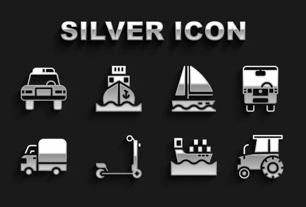 Vector illustration of Set Scooter, Bus, Tractor, Cargo ship with boxes, Delivery cargo truck, Yacht sailboat, Police and flasher and icon. Vector