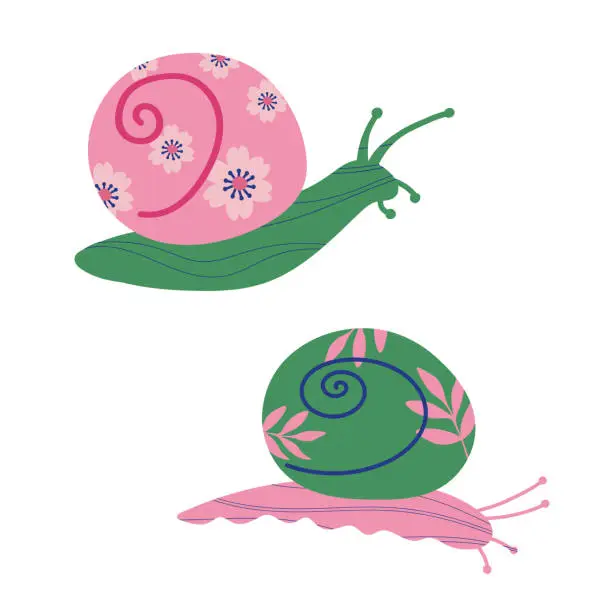 Vector illustration of Cute Snail cartoon character decorative small animal hand drawn vector illustration on isolated background. Colourful snails festive design for print, flyer, paper, card, poster, icon