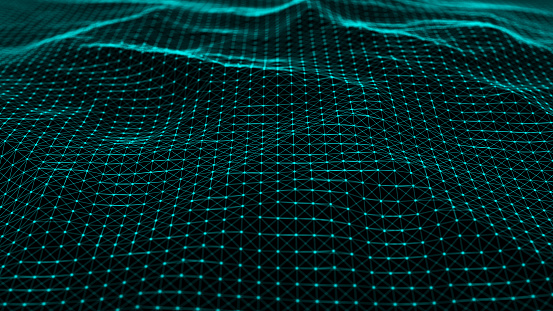 Wave with many dots. Network of bright particles connected by lines. Abstract digital background. 3d rendering.