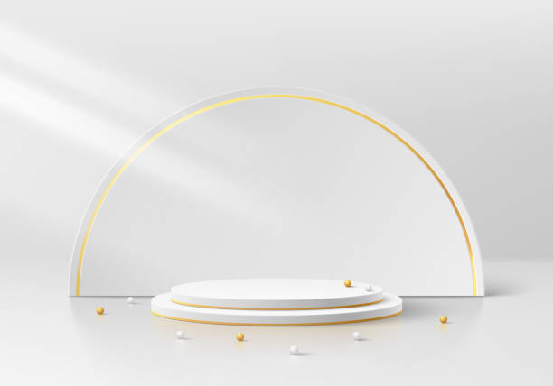 istock Realistic white 3D cylinder podium background with luxury white semi circle and golden line, beads. Vector abstract geometric forms. Minimal scene, mockup products stage showcase, Promotion display. 2142719980