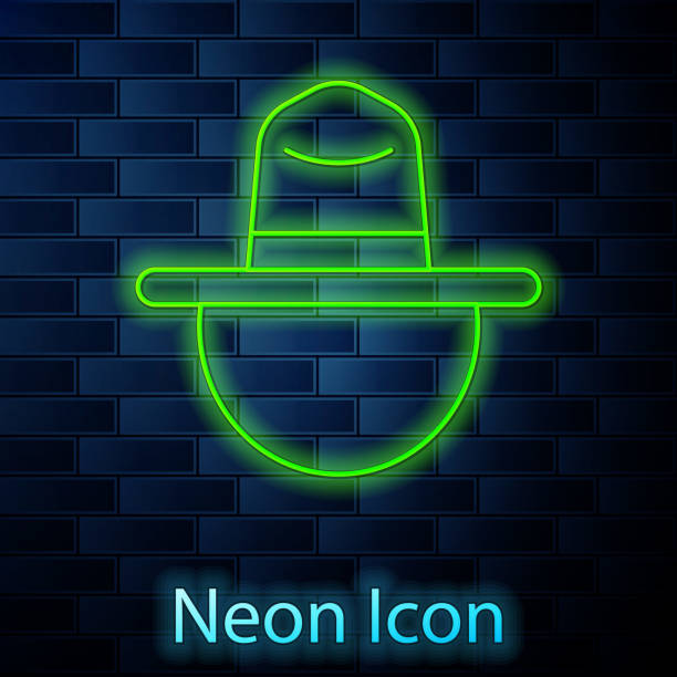 Glowing neon line Canadian ranger hat uniform icon isolated on brick wall background. Vector Glowing neon line Canadian ranger hat uniform icon isolated on brick wall background. Vector. rcmp stock illustrations