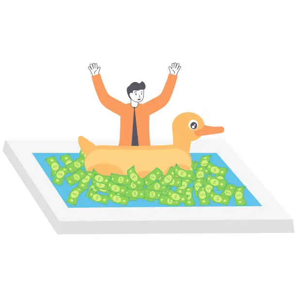 Vector illustration of A businessman or manager is floating in the sea with the money with a swimming ring rubber duck. Vector, illustration, flat