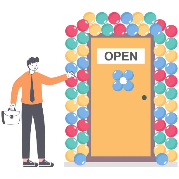 Vector illustration of Businessmen open a new office or shop. The front door is decorated with balloons and sign 