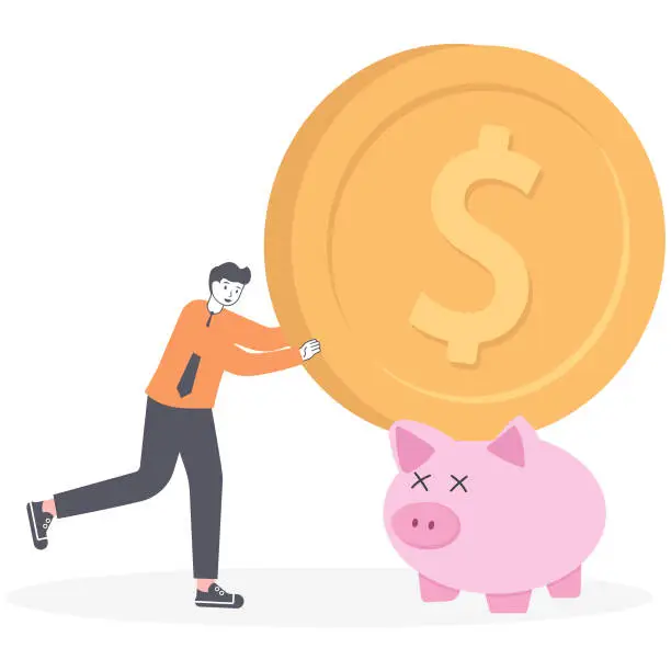 Vector illustration of Businessmen try to put a large coin into a piggy bank. Concept of saving money. Vector, illustration, flat