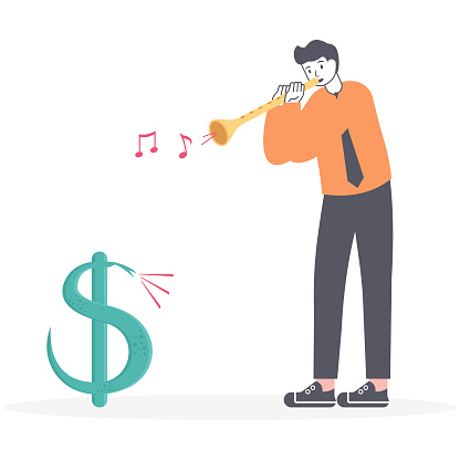 Manager or businessman. A man in a suit or businessman plays a flute like a tamer of wild-animal. Illustration, vector, EPS 10.