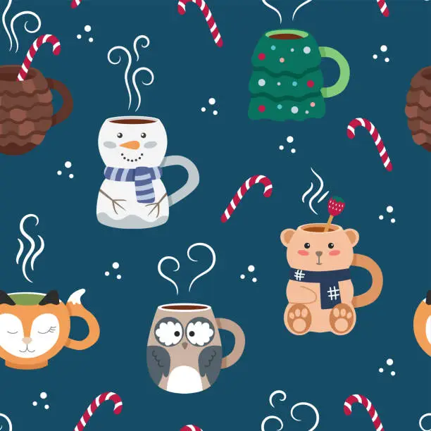 Vector illustration of Cute winter mugs with hot drinks in the shape of snowman, fox, Christmas tree, pine cone, bear toy. Beautiful seamless pattern for printing on packaging, fabric, wrapping paper.
