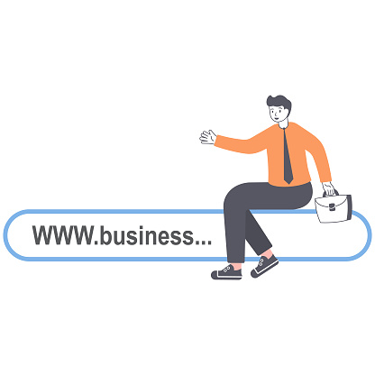 Businessman pointing to the link, website address, domain. Online business. vector illustration flat