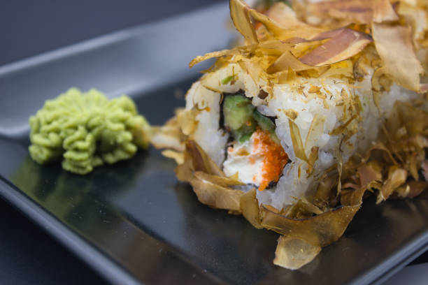 Sushi Roll with Bonito Flakes and Wasabi Detail