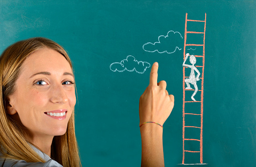 Young woman showing stick figure climbing ladder to success