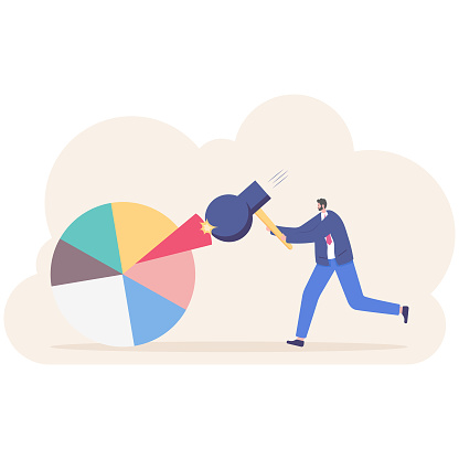 Man in a suit, business man or manager, takes a place on a market with big sledge hammer in his hand. Concept of launch new product, accessing to a market. Illustration, vector, flat