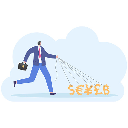 A businessman or manager holds world currencies on a leash like a dog. Icons of dollar, euro, ruble, yen, pound. Vector illustration