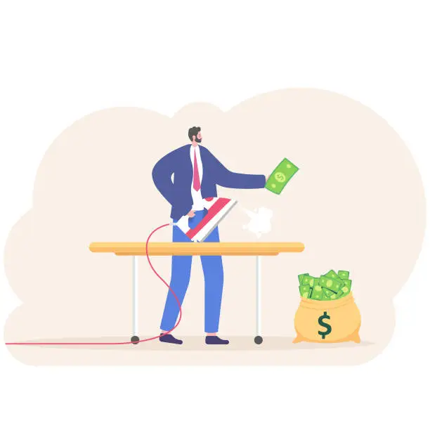 Vector illustration of Businessman or manager iron money and put in his portfolio. Dirty money, laundering of money. Vector, illustration, flat