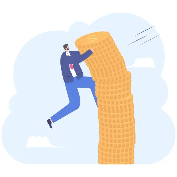 Vector illustration of Businessman or manager and pile of coins. He is hanging and clinging to the pile of golden coins. Business concept, Vector illustration, flat