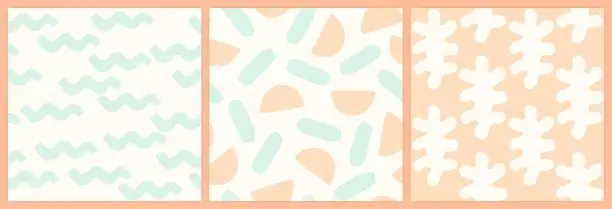 Vector illustration of Abstract shapes seamless pattern set in a muted pastel color palette.