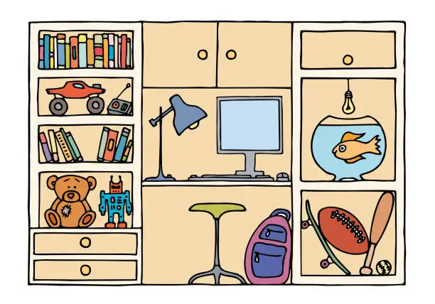 Vector illustration of A boy's room with books on the shelves, a rugby ball, a baseball bat and a ball, a skateboard, an aquarium, a teddy bear, a robot, a computer. Hand Drawing. Doodle.